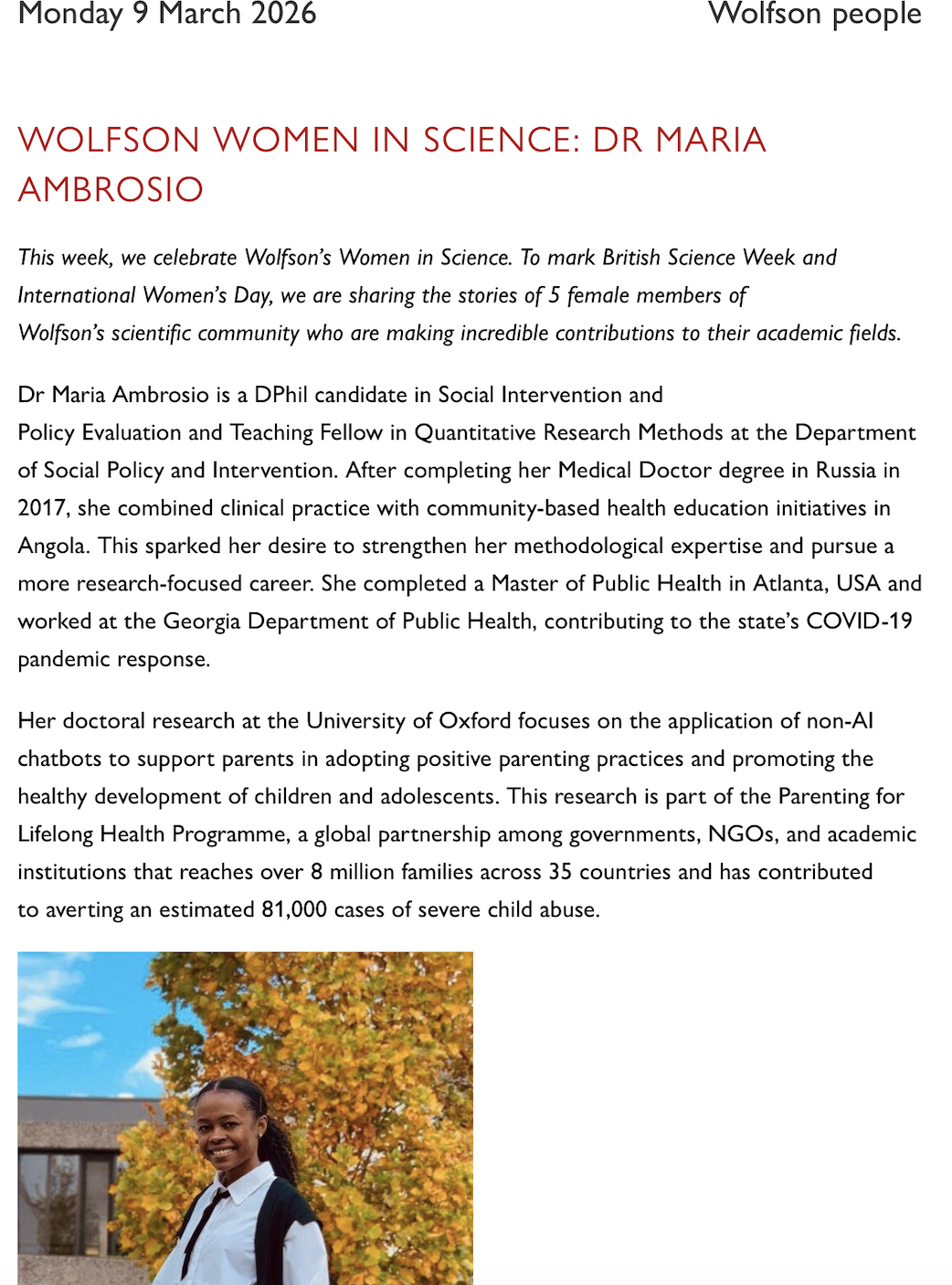 Wolfson College Women in Science Profile